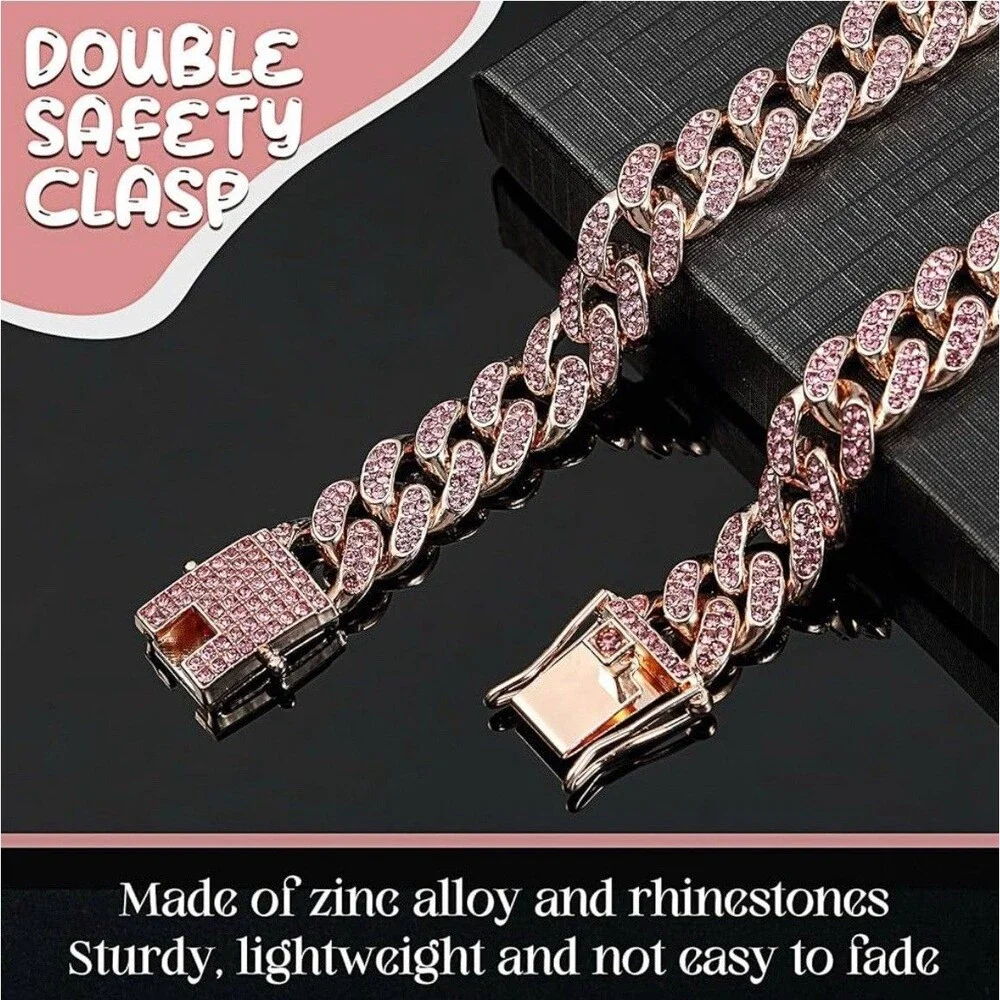 Dog Chain Collar Diamond Link Puppy Collar 12 Mm Wide Rose Gold 10”Pink Necklace